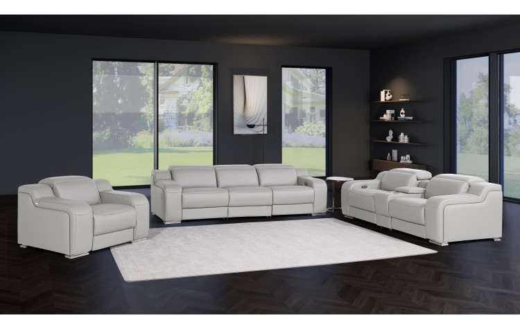 1116 DivanItalia LIght Grey 7-Piece Modular Power Reclining Sofa, Loveseat, and Chair Set – 6 Recliners, Top Grain Italian Leather