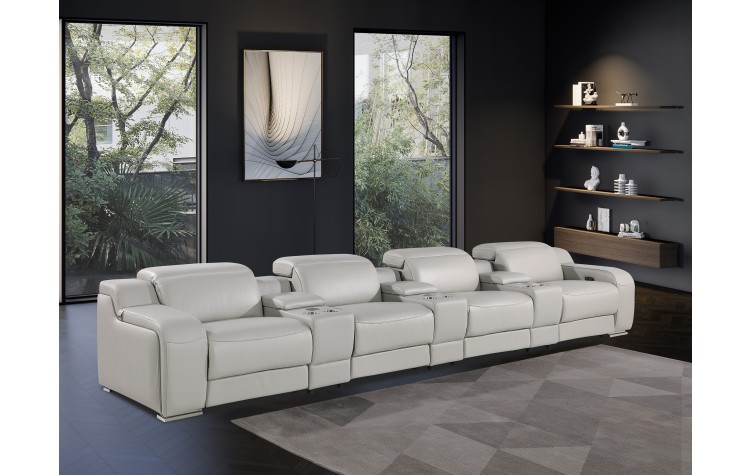 1116 DivanItalia Light Gray 7-Piece Power Reclining Sofa with Power Headrest in Top Grain Italian Leather