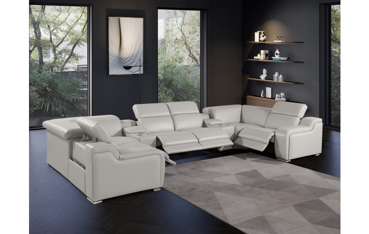 1116 DivanItalia Light Gray 8-Piece Sectional with 4 Power Recliners and Power Headrests