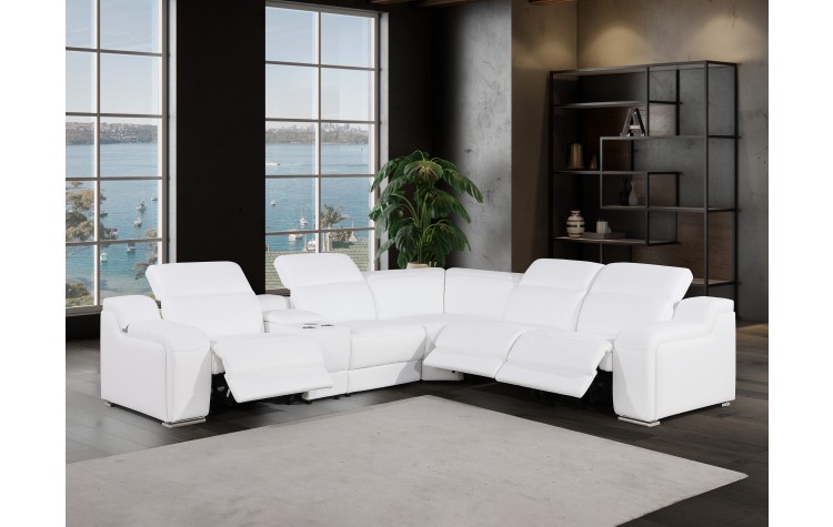 1116 - 6-PC White Italian Leather Sectional Sofa w/ 3 Power Recliners