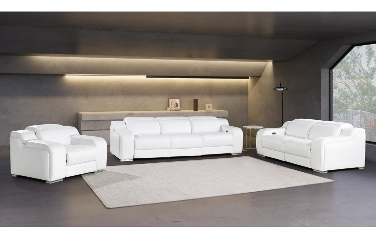 1116 DivanItalia White 6-Piece Modular Power Reclining Sofa, Loveseat, and Chair Set – 6 Recliners, Top Grain Italian Leather with Power Headrests
