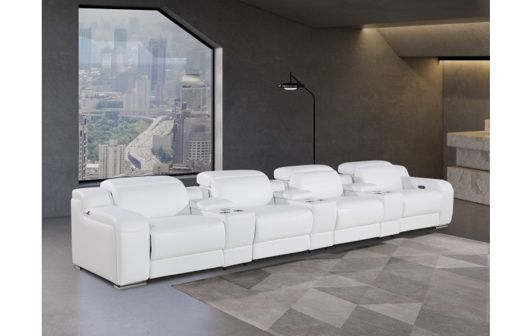 1116 DivanItalia White 7-Piece Power Reclining Sofa with Power Headrest in Top Grain Italian Leather