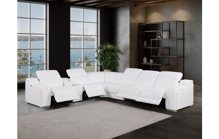 1116 - 7-PC White Italian Leather Sectional Sofa w/ 4 Power Recliners