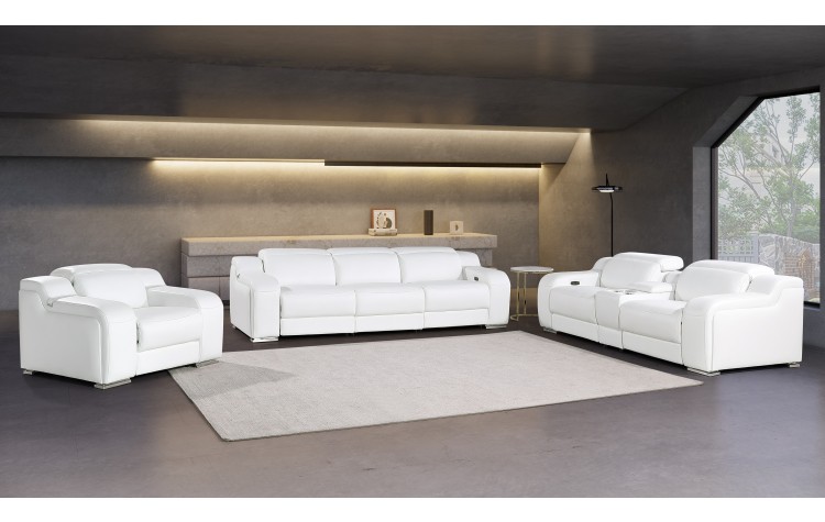1116 DivanItalia White 7-Piece Modular Power Reclining Sofa, Loveseat, and Chair Set – 6 Recliners, Top Grain Italian Leather