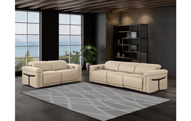 1126 DivanItalia Beige Modular Power Reclining Sofa and Loveseat Set – Top Grain Italian Leather with Power Headrests