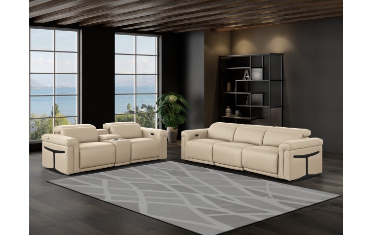 1126 DivanItalia Beige 6-Piece Modular Power Reclining Sofa and Loveseat Set with Power Headrests - Top Grain Italian Leather