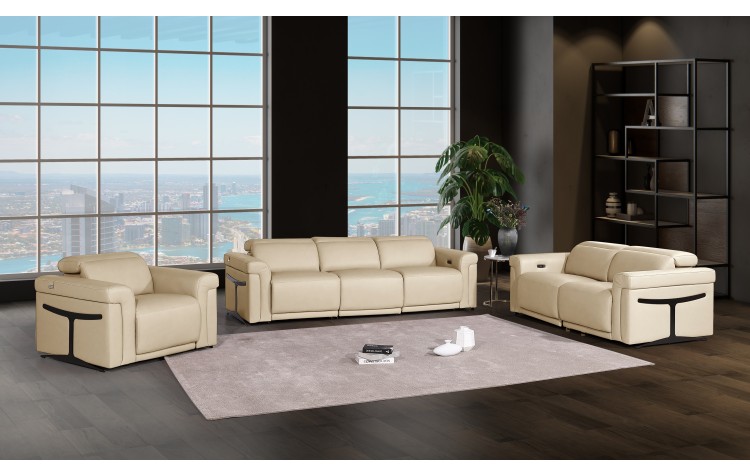 1126 DivanItalia Beige Modular Power Reclining Sofa, Loveseat, and Chair Set – Top Grain Italian Leather with Power Headrests