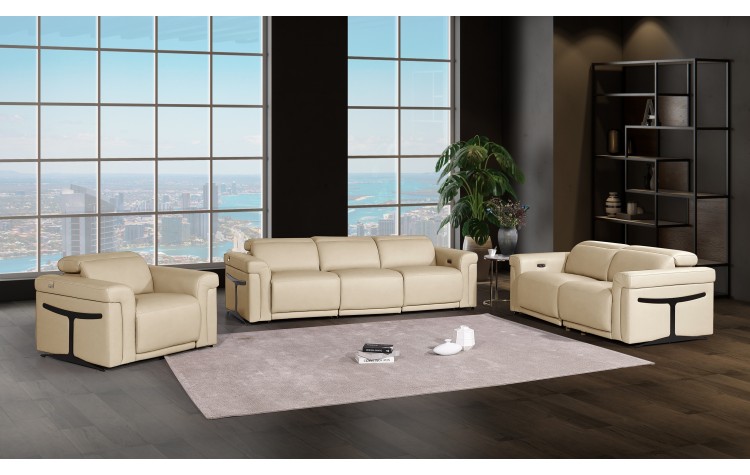 1126 DivanItalia Beige 6-Piece Modular Power Reclining Sofa, Loveseat, and Chair Set – 6 Recliners, Top Grain Italian Leather with Power Headrests