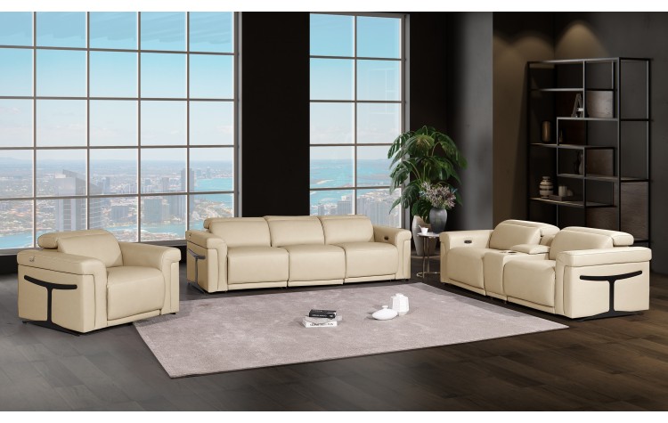 1126 DivanItalia Beige 7-Piece Modular Power Reclining Sofa, Loveseat, and Chair Set – 6 Recliners, Top Grain Italian Leather