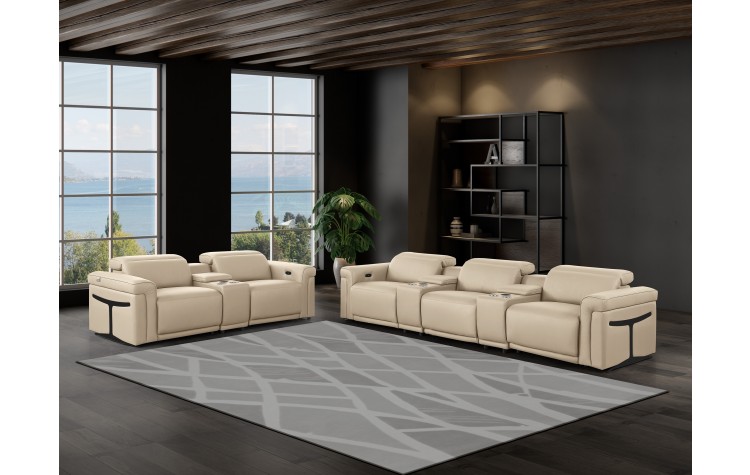 1126 DivanItalia Beige 8-Piece Modular Power Reclining Sofa Set with Power Headrests – Top Grain Italian Leather