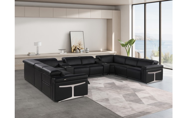 1126 DivanItalia Black 10-Piece Sectional with 4 Power Recliners and Power Headrests