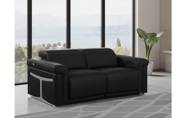 1126 DivanItalia Black Top Grain Italian Leather Loveseat with Power Headrest