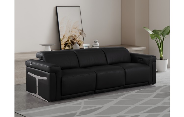 1126 DivanItalia Black Top Grain Italian Leather Power Reclining Sofa with Dual Recliners and Power Headrests