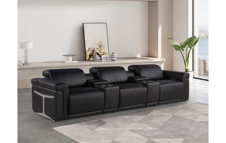 1126 DivanItalia Black 5-Piece Power Reclining Sofa with Power Headrest in Top Grain Italian Leather