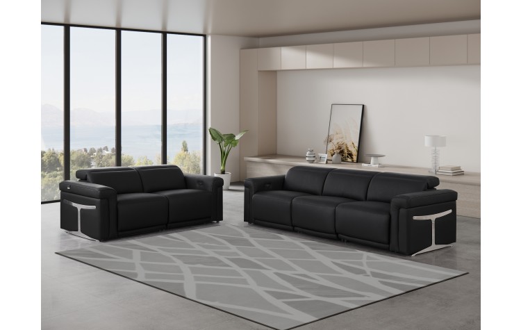 1126 DivanItalia Black Modular Power Reclining Sofa and Loveseat Set – Top Grain Italian Leather with Power Headrests