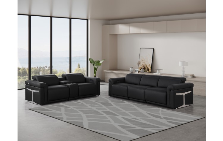 1126 DivanItalia Black 6-Piece Modular Power Reclining Sofa and Loveseat Set with Power Headrests - Top Grain Italian Leather