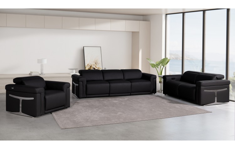 1126 DivanItalia Black Modular Power Reclining Sofa, Loveseat, and Chair Set – Top Grain Italian Leather with Power Headrests
