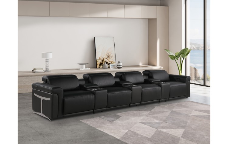 1126 DivanItalia Black 7-Piece Power Reclining Sofa with Power Headrest in Top Grain Italian Leather