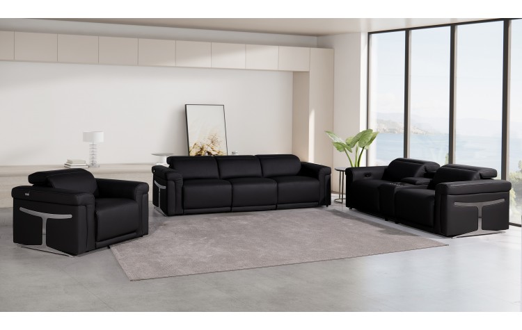 1126 DivanItalia Black 7-Piece Modular Power Reclining Sofa, Loveseat, and Chair Set – 6 Recliners, Top Grain Italian Leather