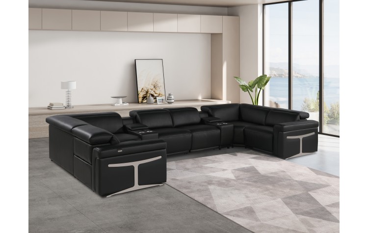 1126 DivanItalia Black 8-Piece Sectional with 2 Power Recliners and Power Headrests