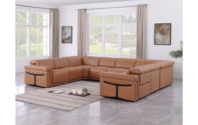 1126 DivanItalia Cognac 8-Piece Sectional with 4 Power Recliners and Power Headrests (No Consoles)
