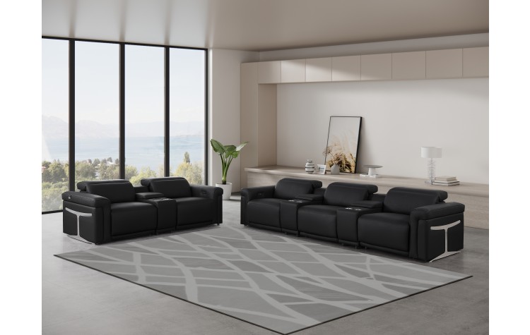 1126 DivanItalia Black 8-Piece Modular Power Reclining Sofa Set with Power Headrests – Top Grain Italian Leather