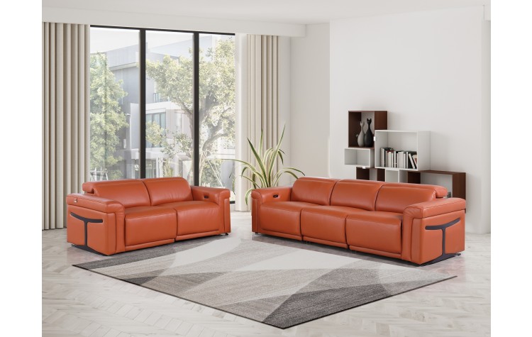 1126 DivanItalia Camel Modular Power Reclining Sofa and Loveseat Set – Top Grain Italian Leather with Power Headrests