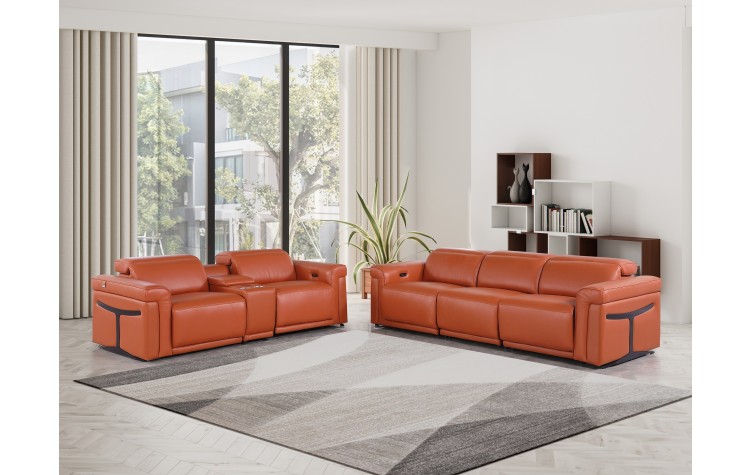 1126 DivanItalia Orange 6-Piece Modular Power Reclining Sofa and Loveseat Set with Power Headrests - Top Grain Italian Leather