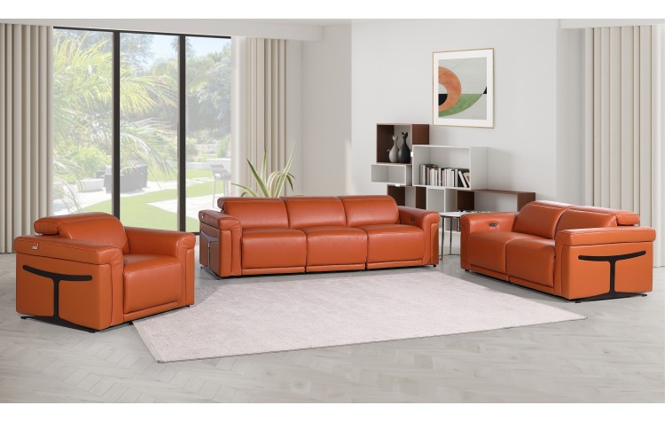 1126 DivanItalia Camel 6-Piece Modular Power Reclining Sofa, Loveseat, and Chair Set – 6 Recliners, Top Grain Italian Leather with Power Headrests