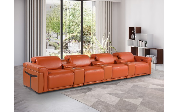 1126 DivanItalia Orange 7-Piece Power Reclining Sofa with Power Headrest in Top Grain Italian Leather