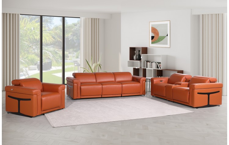 1126 DivanItalia Camel 7-Piece Modular Power Reclining Sofa, Loveseat, and Chair Set – 5 Recliners, Top Grain Italian Leather