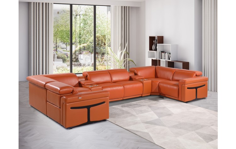 1126 DivanItalia Orange 8-Piece Sectional with 4 Power Recliners and Power Headrests
