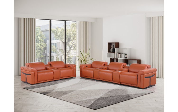 1126 DivanItalia Orange 8-Piece Modular Power Reclining Sofa Set with Power Headrests – Top Grain Italian Leather