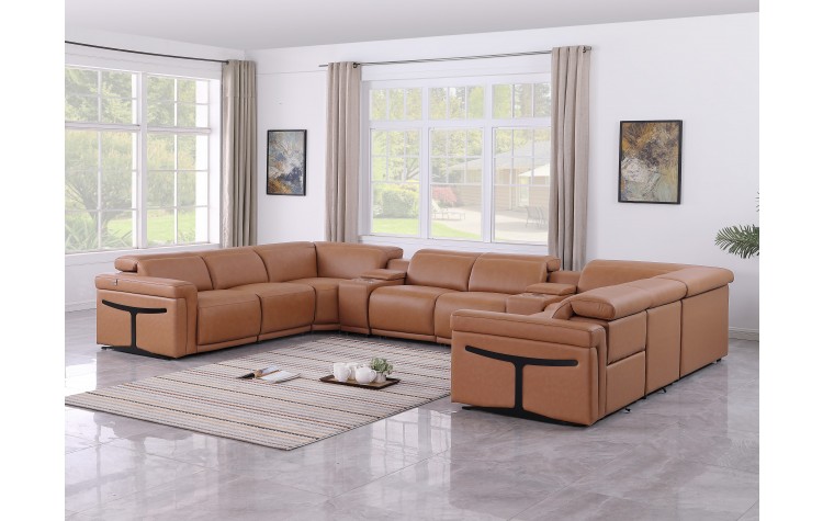 1126 DivanItalia Cognac 10-Piece Sectional with 4 Power Recliners and Power Headrests