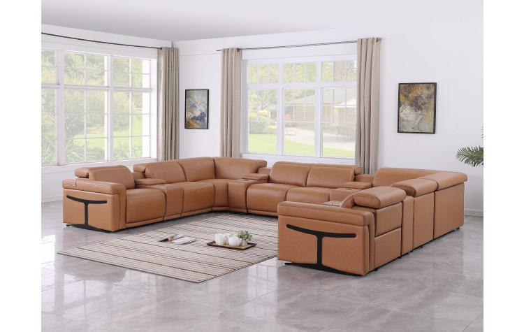 1126 DivanItalia Cognac 12-Piece Sectional with 4 Power Recliners and Power Headrests