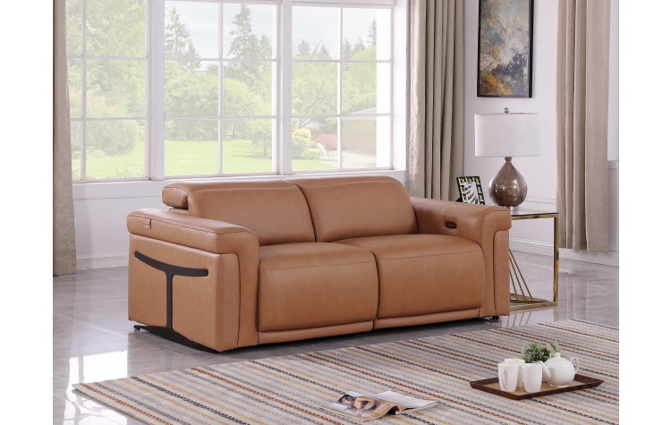 1126 DivanItalia Cognac Top Grain Italian Leather Loveseat with Power Headrest