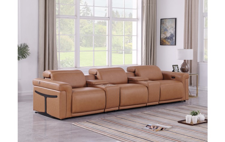 1126 DivanItalia Cognac 5-Piece Power Reclining Sofa with Power Headrest in Top Grain Italian Leather