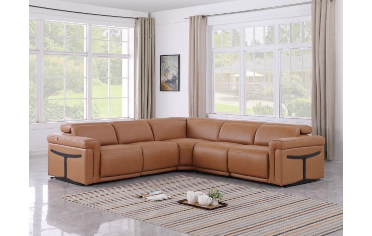 1126 DivanItalia Cognac 5-Piece Sectional with 3 Power Recliners and Power Headrests