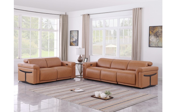 1126 DivanItalia Cognac Modular Power Reclining Sofa and Loveseat Set – Top Grain Italian Leather with Power Headrests