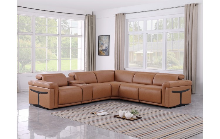 1126 DivanItalia Cognac 6-Piece Sectional with 3 Power Recliners and Power Headrests