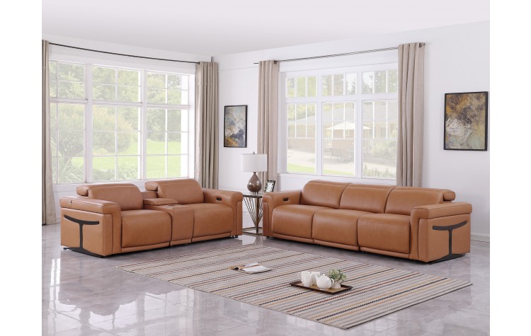 1126 DivanItalia Cognac 6-Piece Modular Power Reclining Sofa and Loveseat Set with Power Headrests - Top Grain Italian Leather