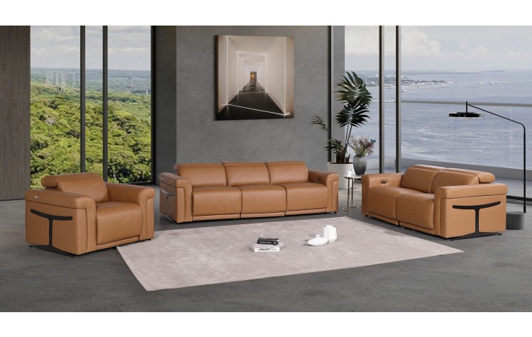 1126 DivanItalia Cognac 6-Piece Modular Power Reclining Sofa, Loveseat, and Chair Set – 6 Recliners, Top Grain Italian Leather with Power Headrests