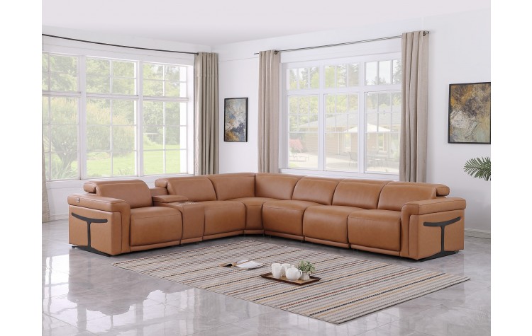 1126 DivanItalia Cognac 7-Piece Sectional with 3 Power Recliners and Power Headrests