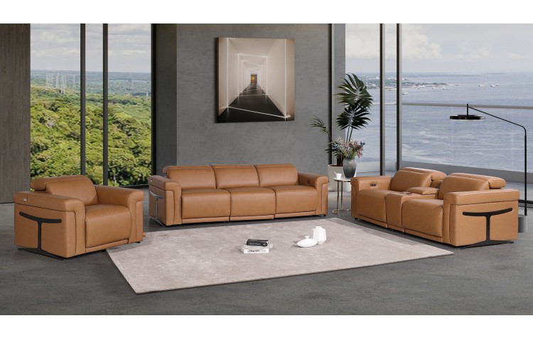 1126 DivanItalia Cognac 7-Piece Modular Power Reclining Sofa, Loveseat, and Chair Set – 5 Recliners, Top Grain Italian Leather