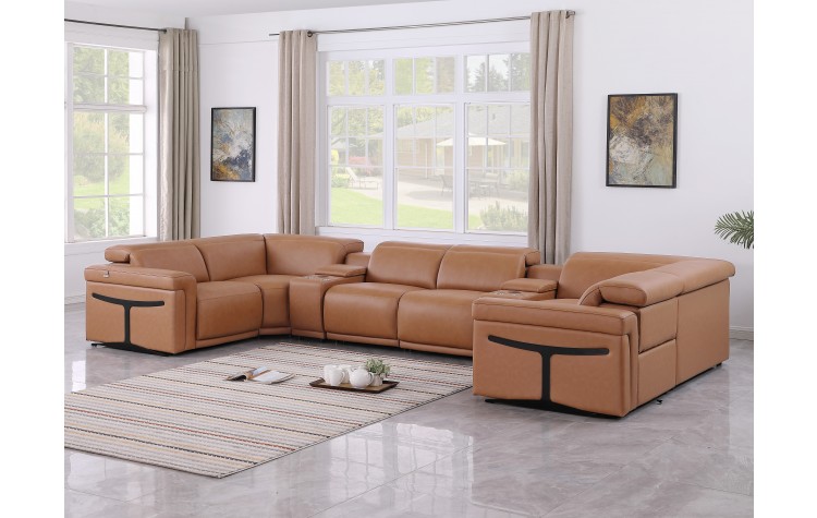 1126 DivanItalia Cognac 8-Piece Sectional with 2 Power Recliners and Power Headrests
