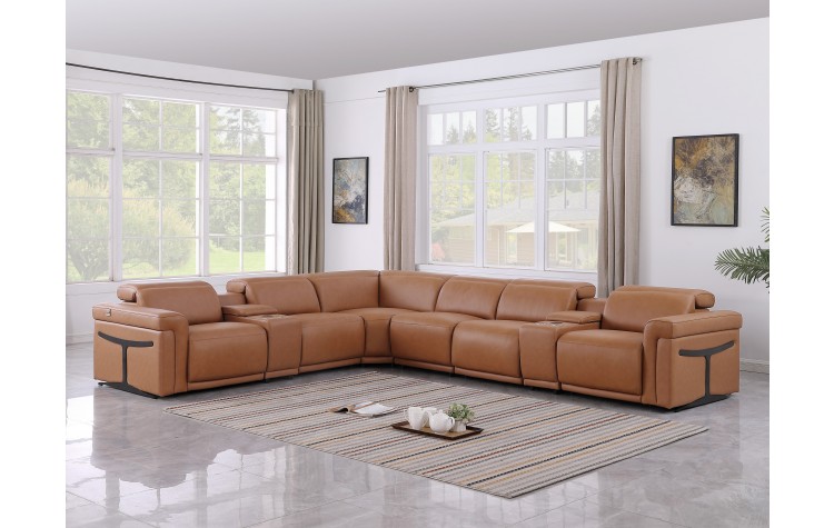 1126 DivanItalia Cognac 8-Piece Sectional with 3 Power Recliners and Power Headrests