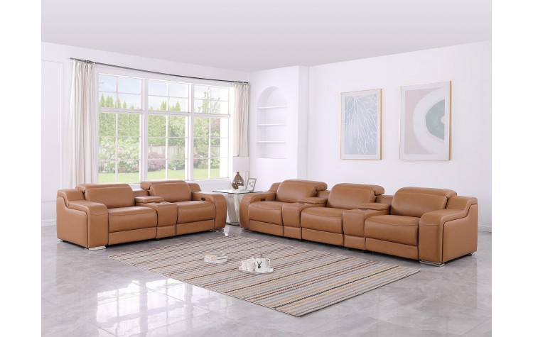 1116 DivanItalia Cognac 8-Piece Modular Power Reclining Sofa Set with Power Headrests – Top Grain Italian Leather