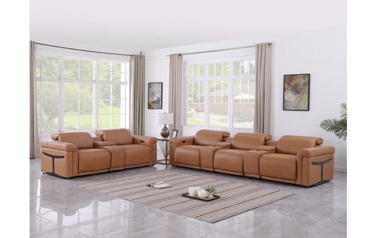 1126 DivanItalia Cognac 8-Piece Modular Power Reclining Sofa Set with Power Headrests – Top Grain Italian Leather