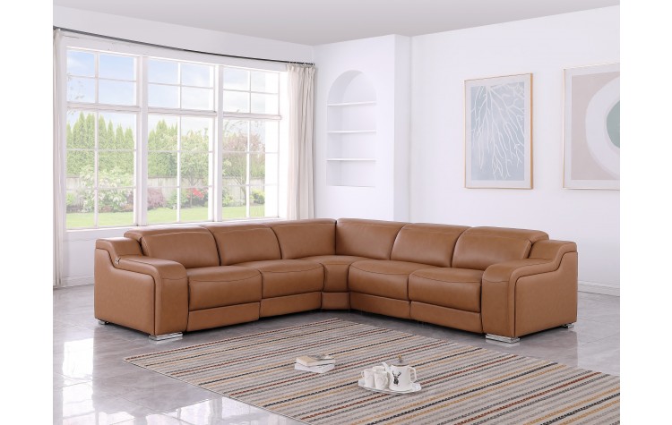 1116 DivanItalia Cognac Top-Grain Italian Leather 5-Piece Sectional with 3 Power Reclining Seats & Power Headrest