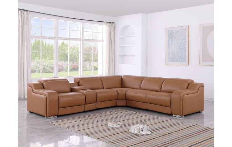 1116 DivanItalia Cognac Top-Grain Italian Leather 6-Piece Sectional with 3 Power Reclining Seats & Power Headrest